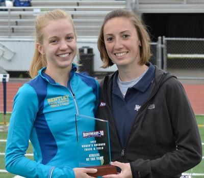 Amy Varsell receives the Athlete of the Year award from NE-10 Associate Commissioner Amy Resnick