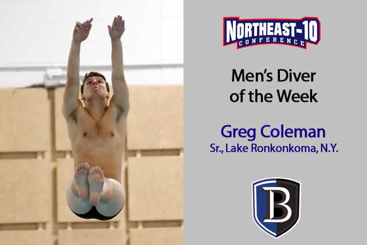Coleman Tabbed as NE-10 Diver of the Week for 4th Time; Bentley Men’s Relay Team Also Honored