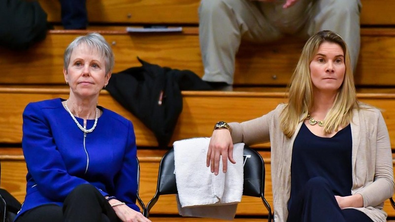Coach Stevens and her successor as Bentley's head women's basketball coach, C White