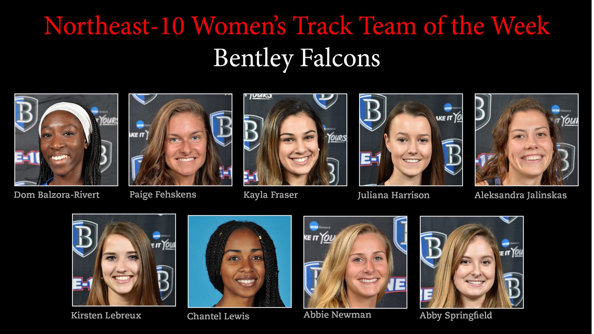 Head shots of Bentley's women's track seniors