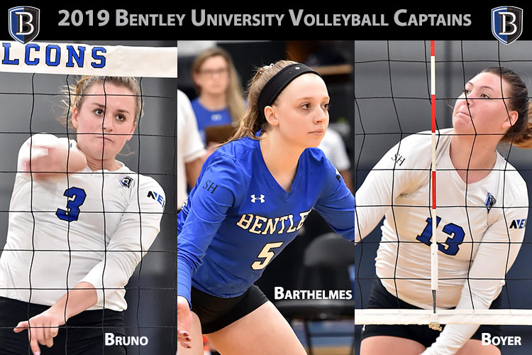 Action photos of volleyball captains Rachel Bruno, Emily Barthelmes and Mariana Boyer